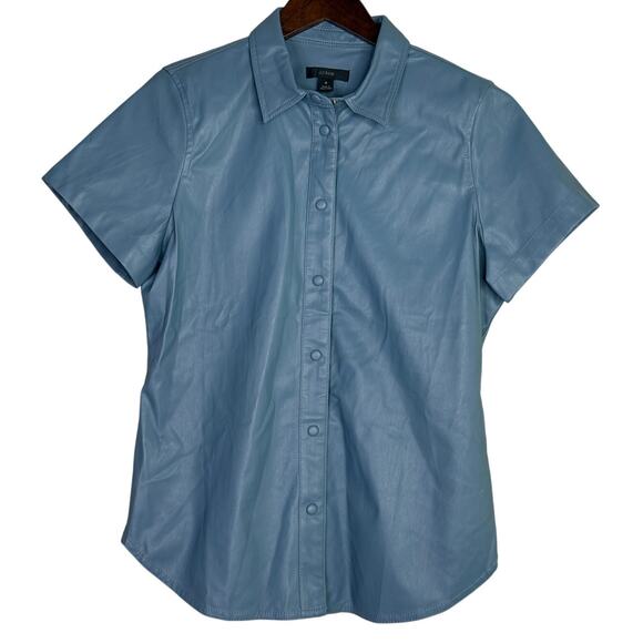 J.Crew Slim Fit ShortSleeve Faux Leather Shirt Snap Button Down 4 Dusty Sea Blue - Picture 1 of 15